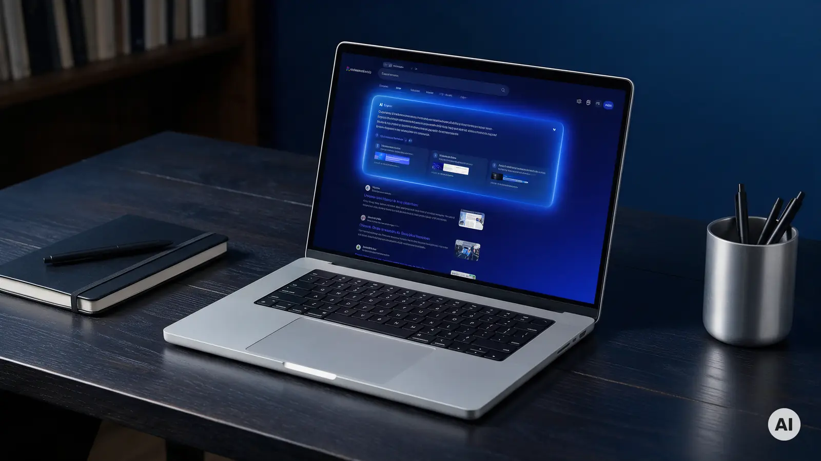 Laptop z wynikami wyszukiwania i wyróżnionym panelem odpowiedzi AI