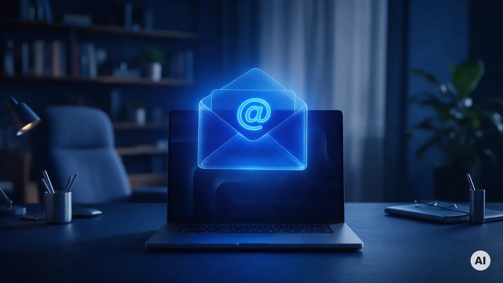 Koperta ze znakiem @ nad laptopem: firmowa poczta e-mail