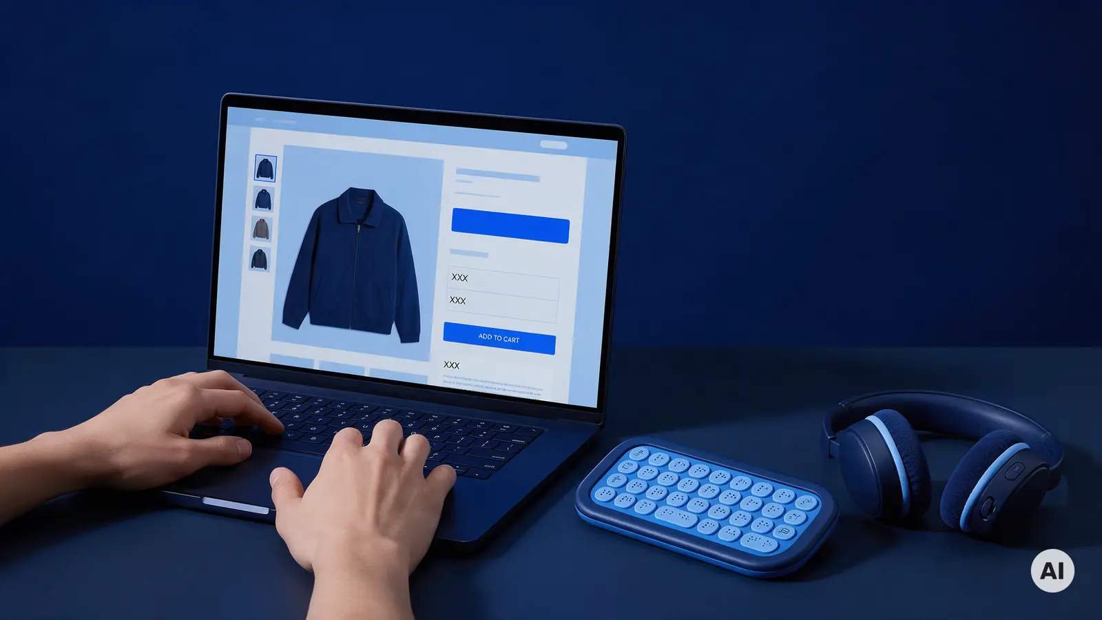 Dłonie na laptopie z kontrastową stroną sklepu, obok słuchawki i klawiatura