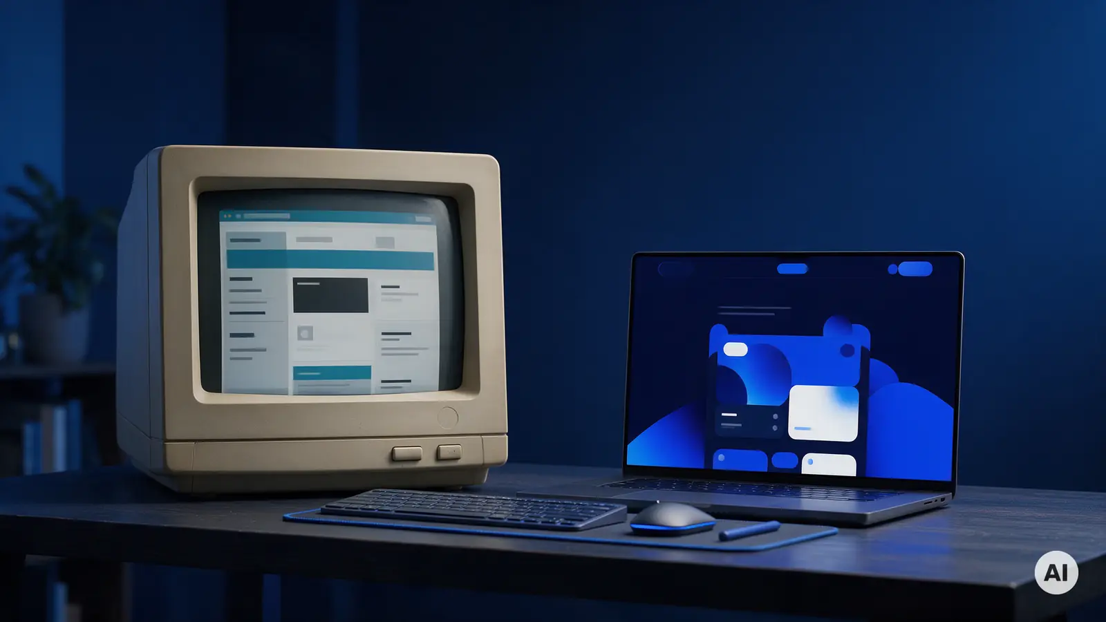 Stary monitor z przestarzałą stroną obok nowoczesnego laptopa