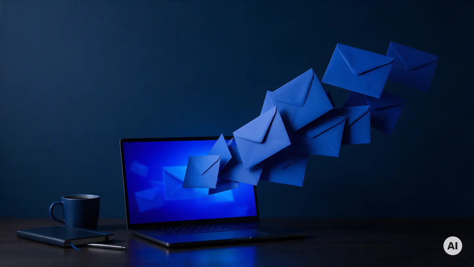 Niebieskie koperty wylatujące z ekranu laptopa: wysyłka newslettera