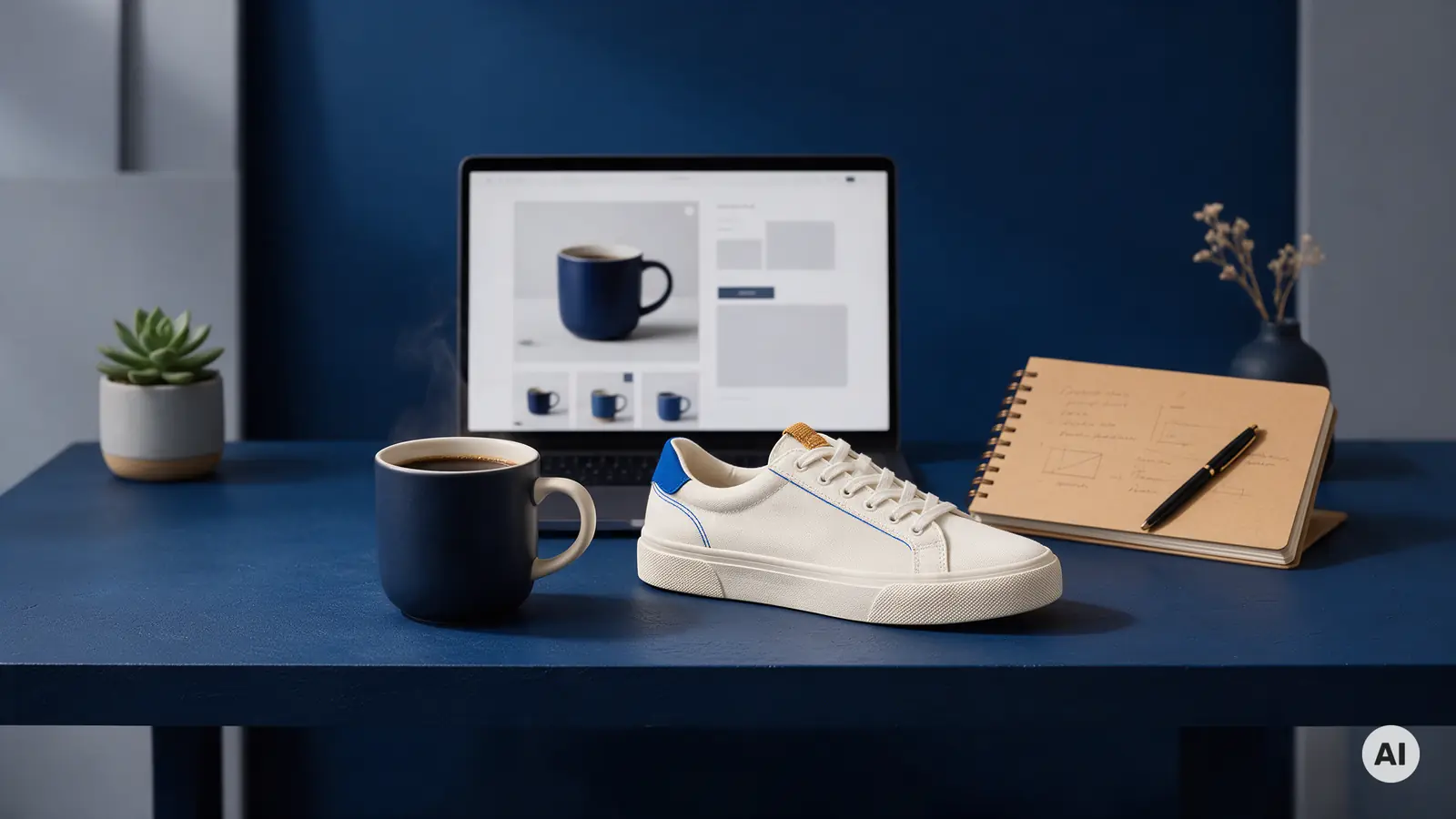 Kubek, sneaker i notatnik obok laptopa ze stroną produktu
