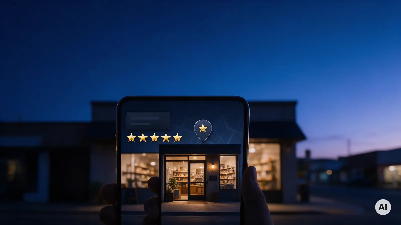 Smartfon z wizytówką firmy i pięcioma gwiazdkami na tle lokalu