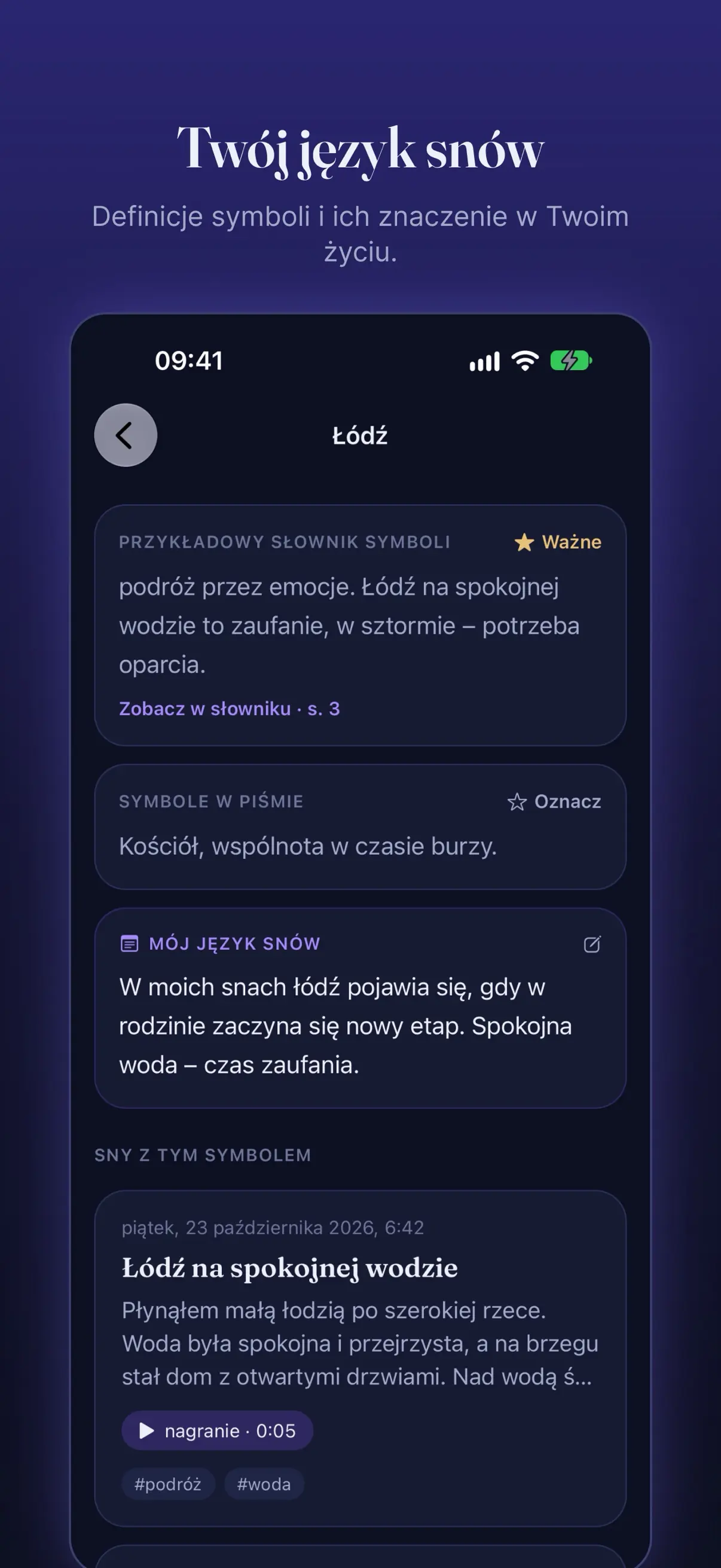 Symbol „Łódź” z definicją ze słownika, symbolem w Piśmie i osobistą notatką Mój język snów