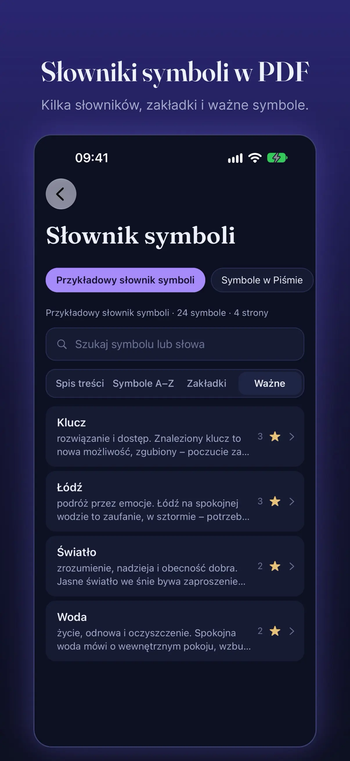 Słownik symboli z wyszukiwarką, spisem treści, zakładkami i hasłami oznaczonymi gwiazdką