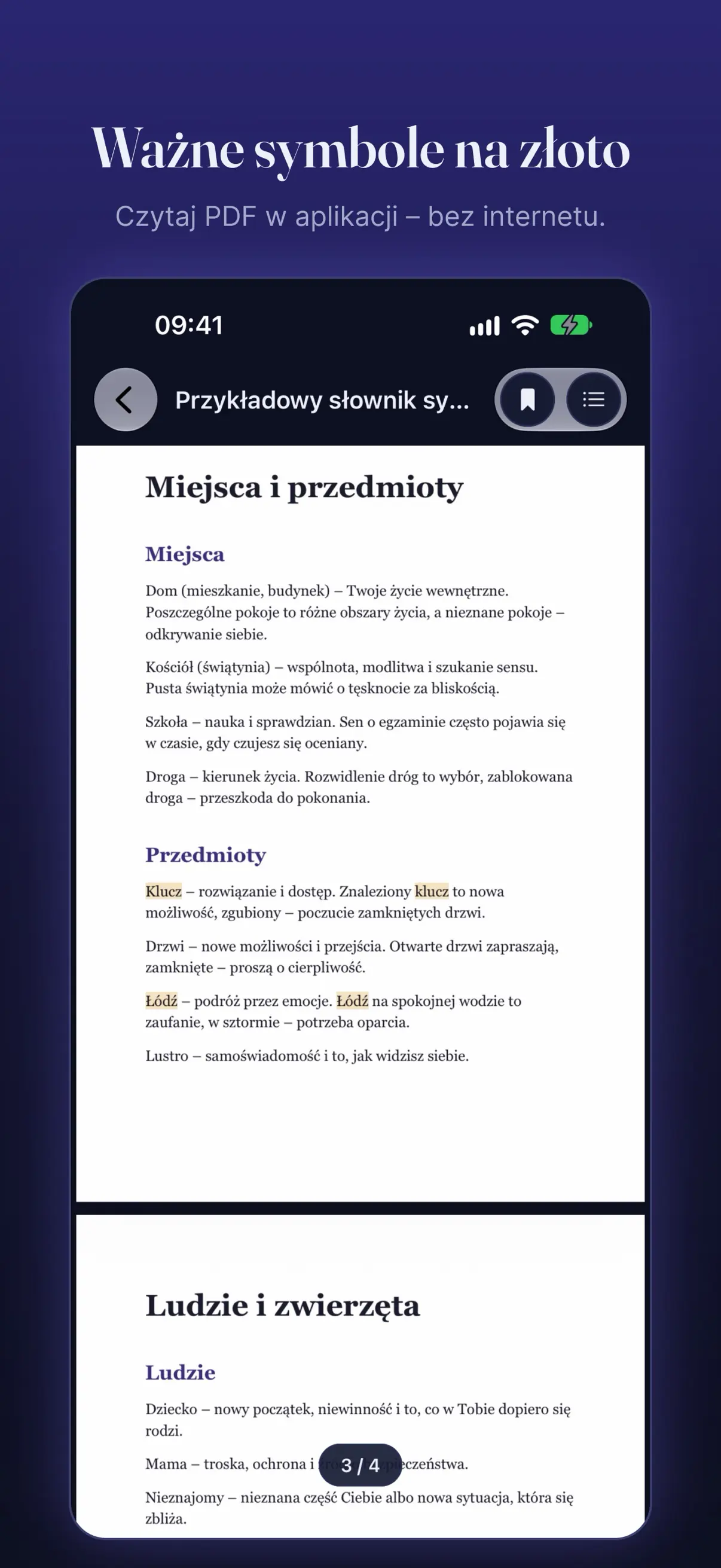 Strona słownika PDF we wbudowanej przeglądarce z hasłami podświetlonymi na złoto