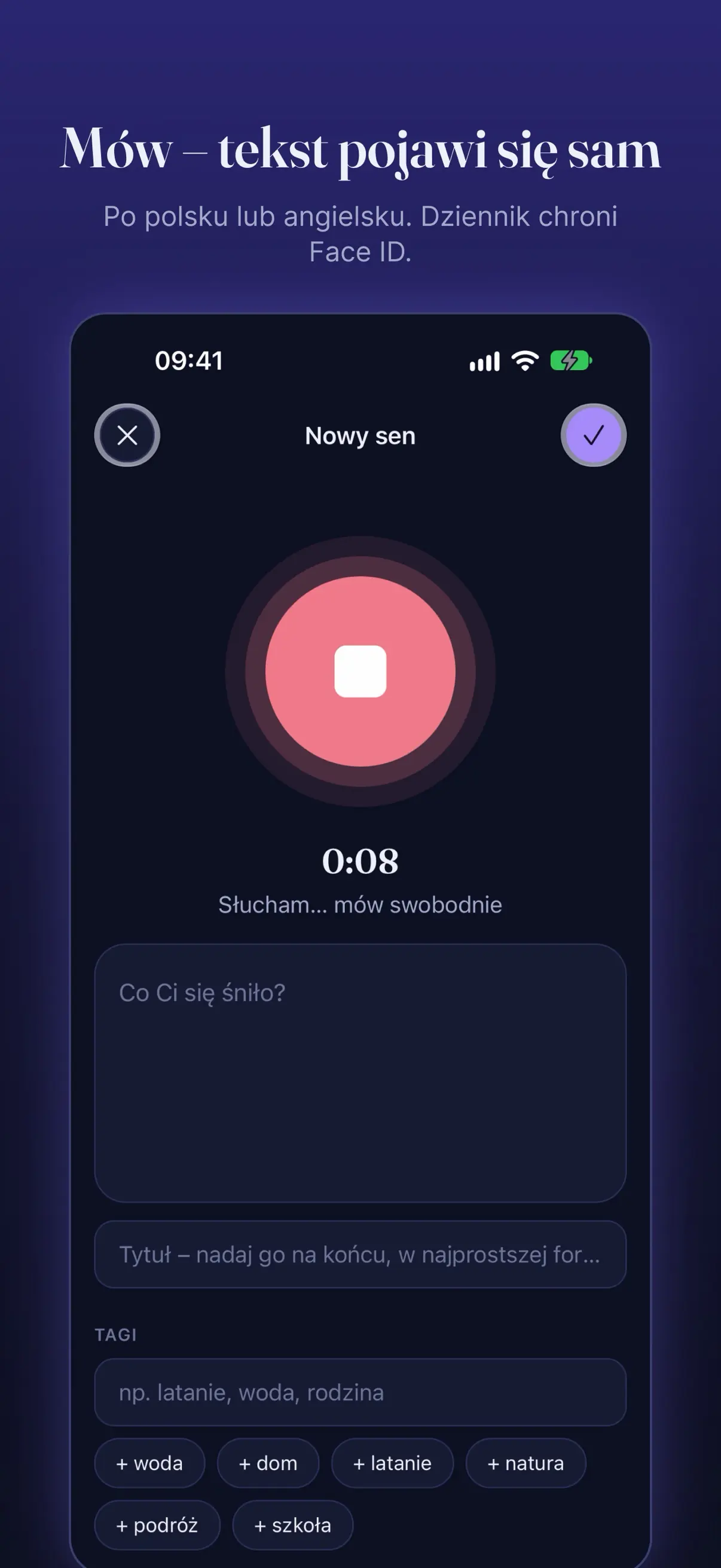 Nagrywanie nowego snu z licznikiem czasu i transkrypcją na żywo