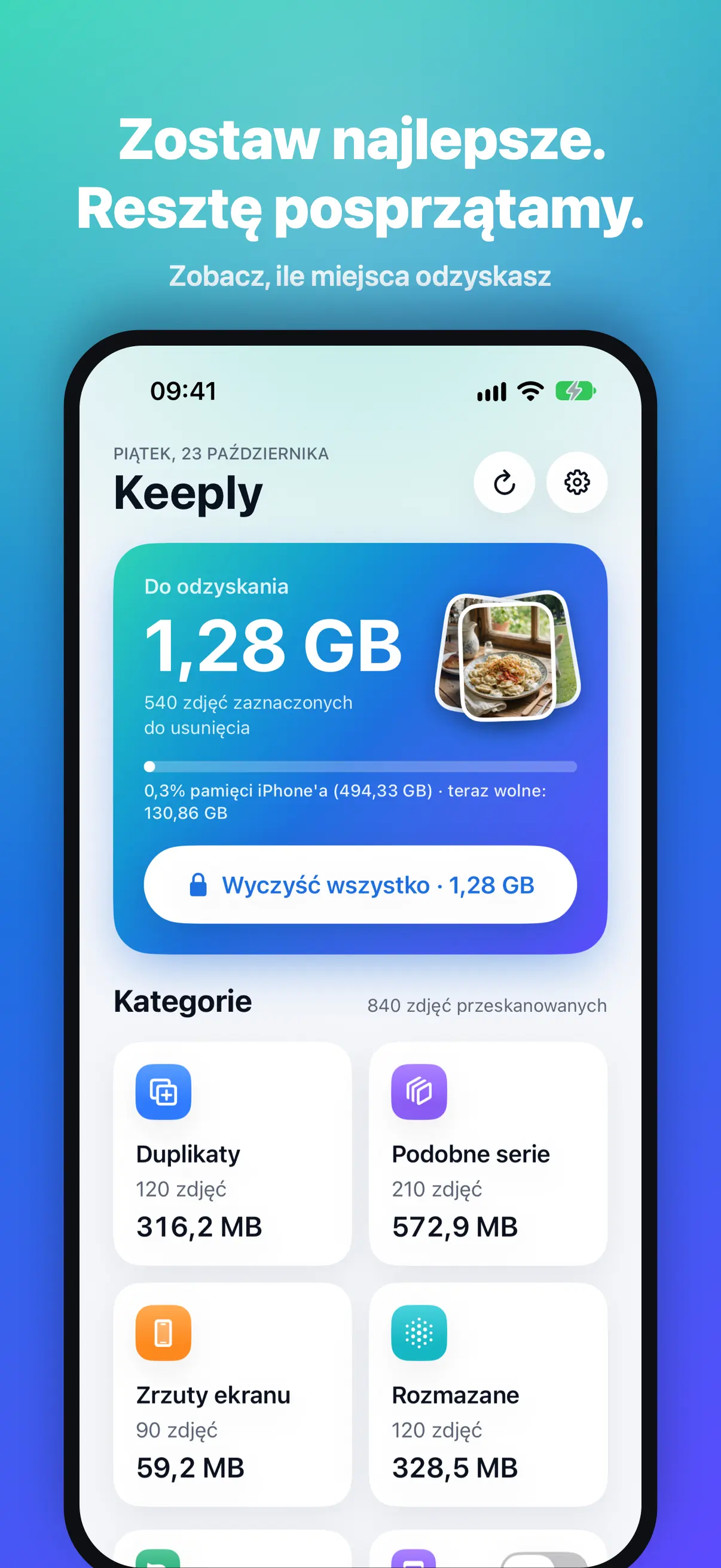 Ekran główny Keeply: 1,28 GB do odzyskania i cztery kategorie zdjęć