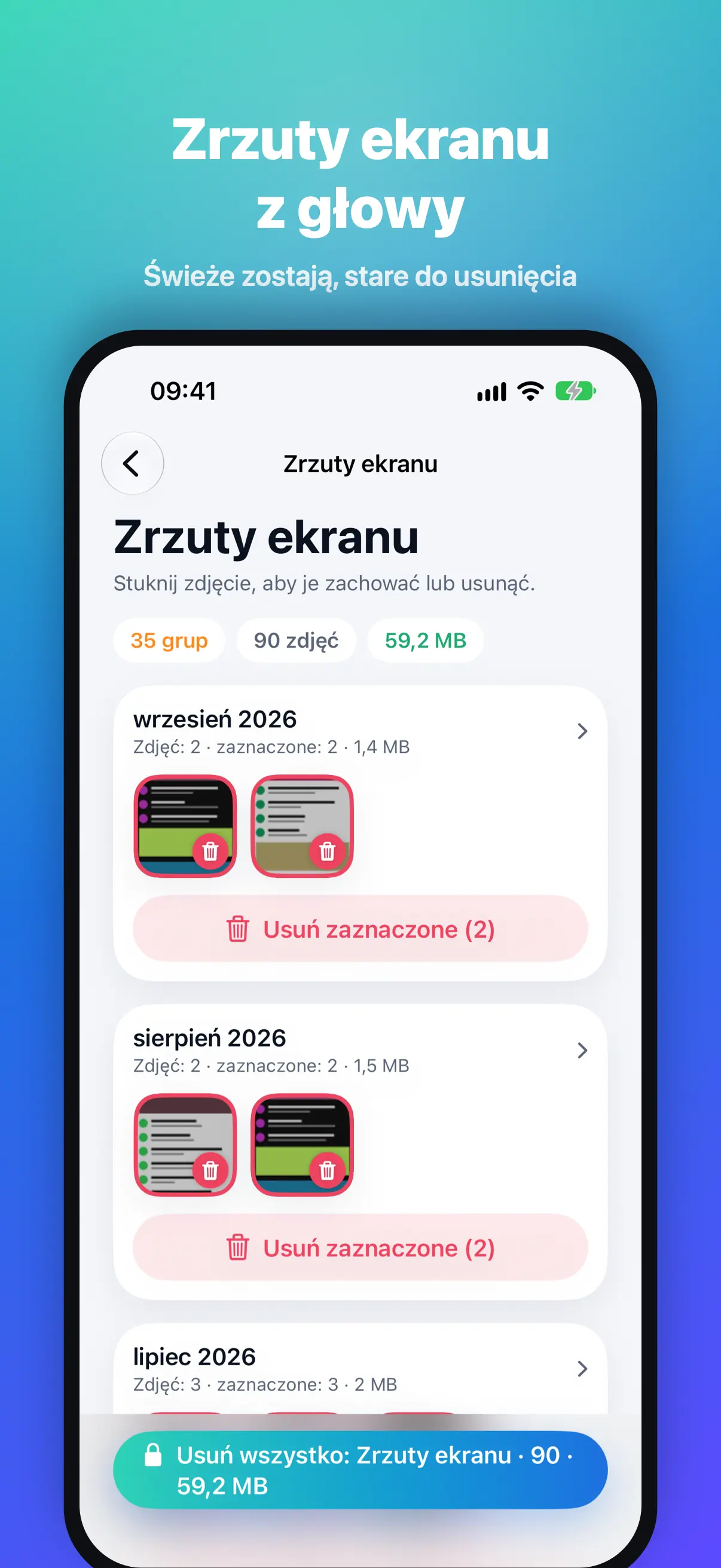 Zrzuty ekranu pogrupowane według miesięcy, starsze wstępnie zaznaczone