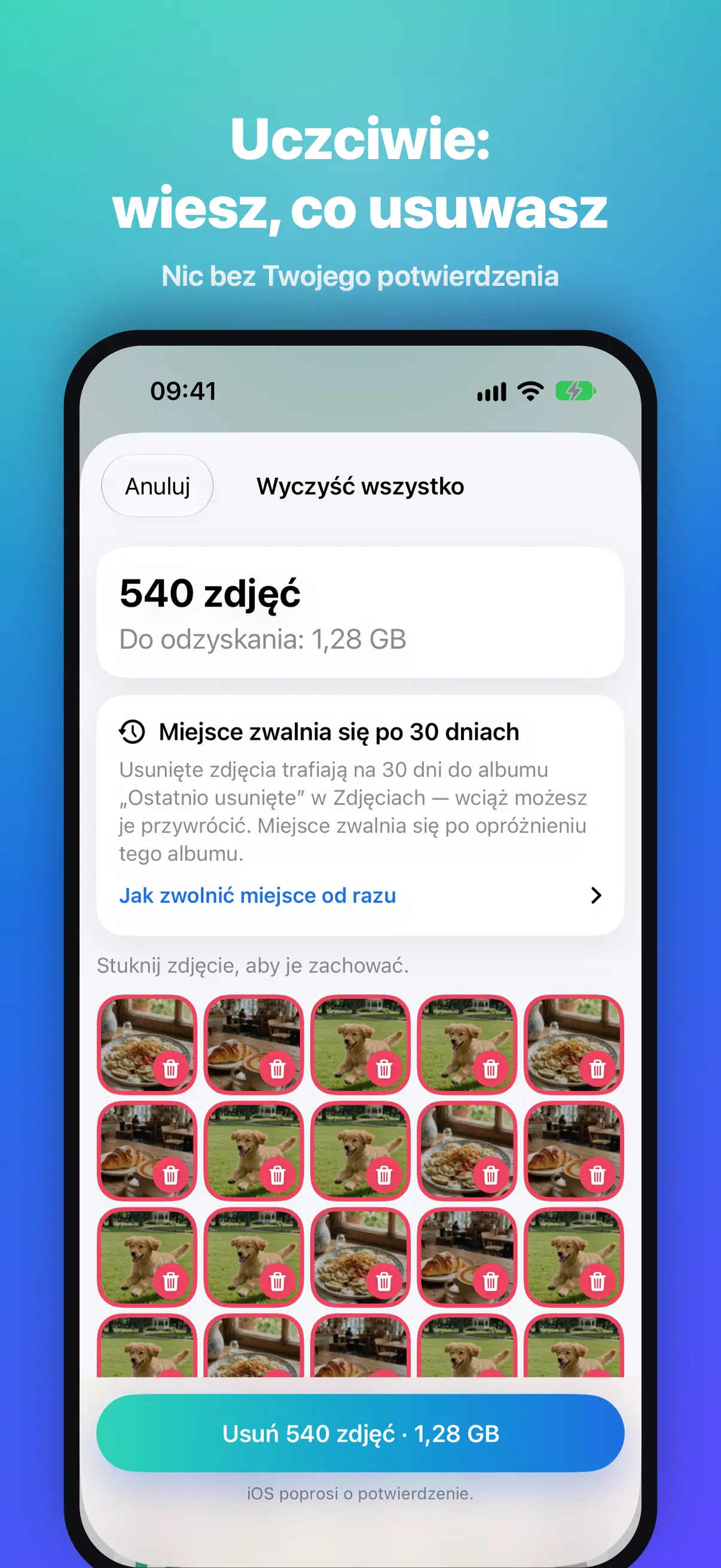 Podsumowanie przed usunięciem 540 zdjęć z informacją o albumie Ostatnio usunięte