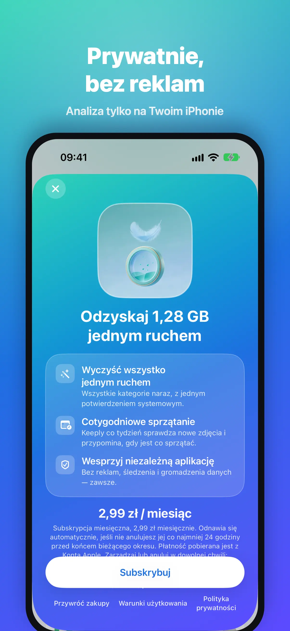 Ekran Premium z ceną 2,99 zł miesięcznie i widocznym przyciskiem zamknięcia