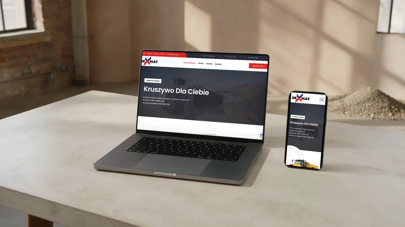 Strona Kopalni Sulejów na laptopie i smartfonie: sekcja „Kruszywo dla Ciebie”