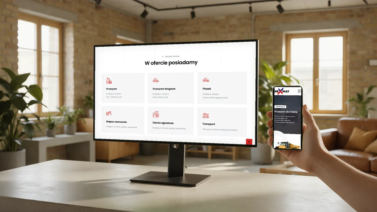 Oferta kruszyw Kopalni Sulejów na monitorze i wersja mobilna strony w dłoni
