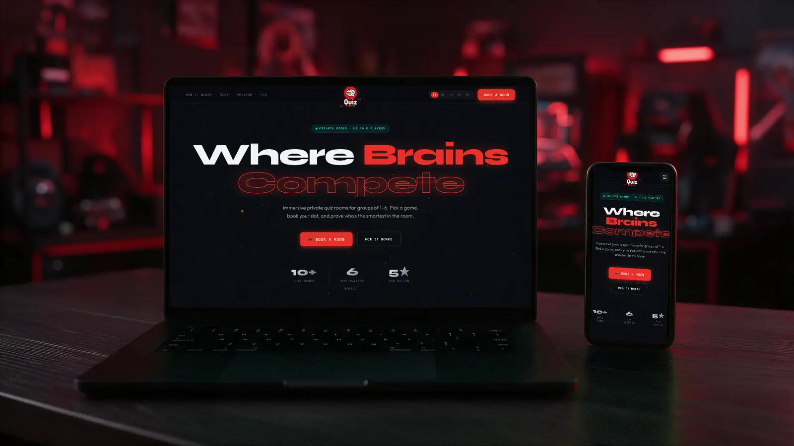 Strona Quiz Embassy na laptopie i smartfonie: hasło „Where Brains Compete”
