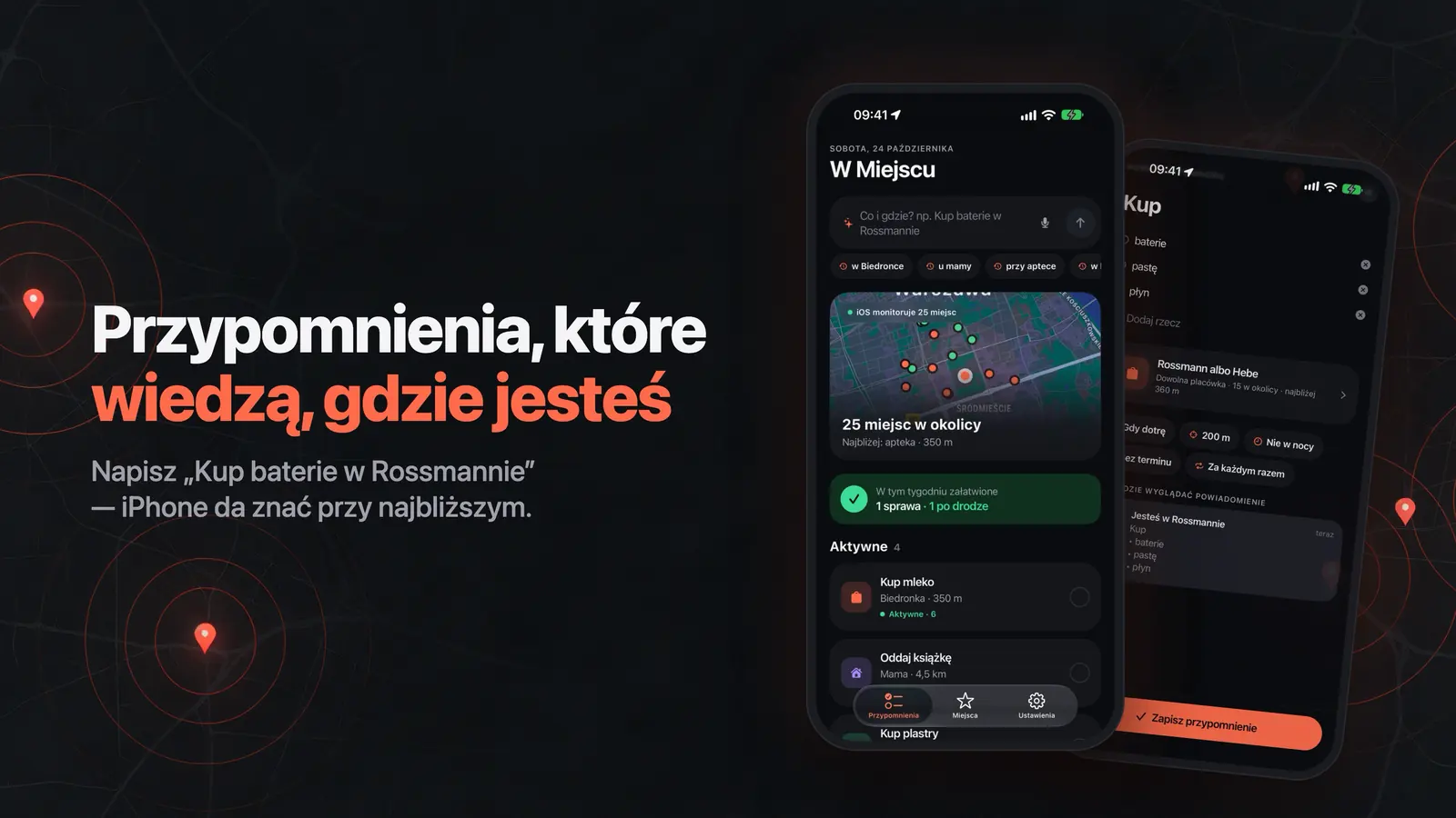 Aplikacja W Miejscu na iPhone'ach: hasło „Przypomnienia, które wiedzą, gdzie jesteś” na tle mapy z pinezkami