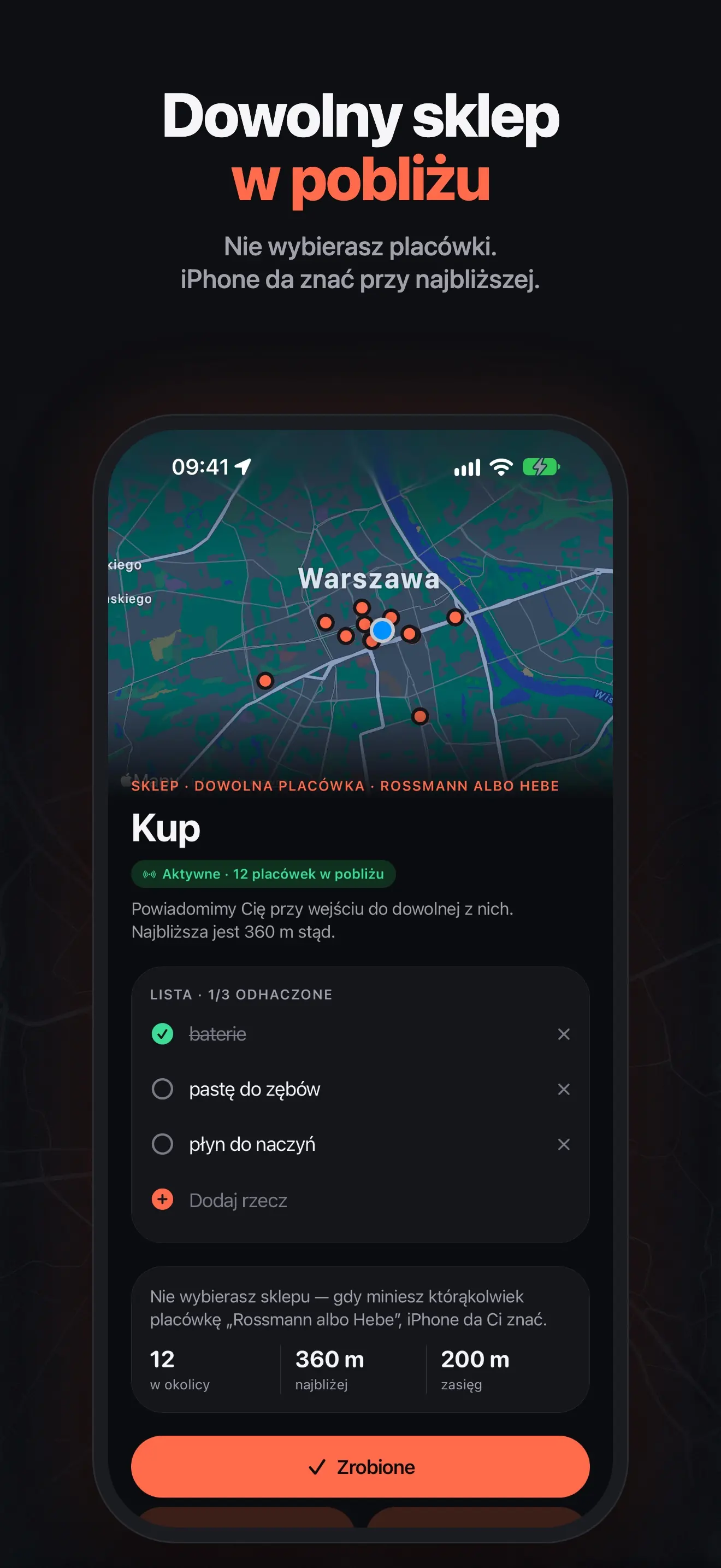 Szczegóły sprawy „Kup” z mapą najbliższych placówek i listą do odhaczania