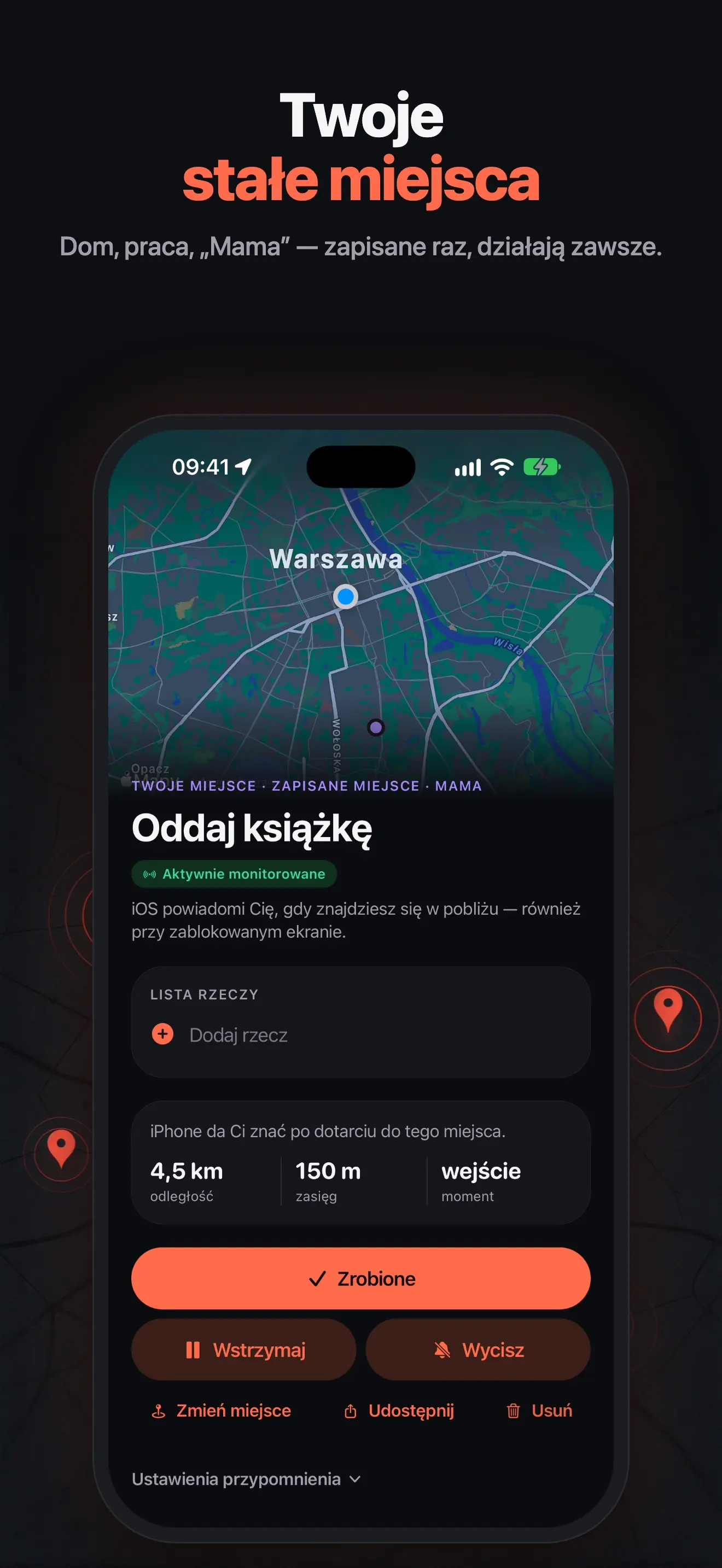 Stałe miejsce „Mama”: sprawa „Oddaj książkę” z odległością i przyciskami Zrobione i Wycisz