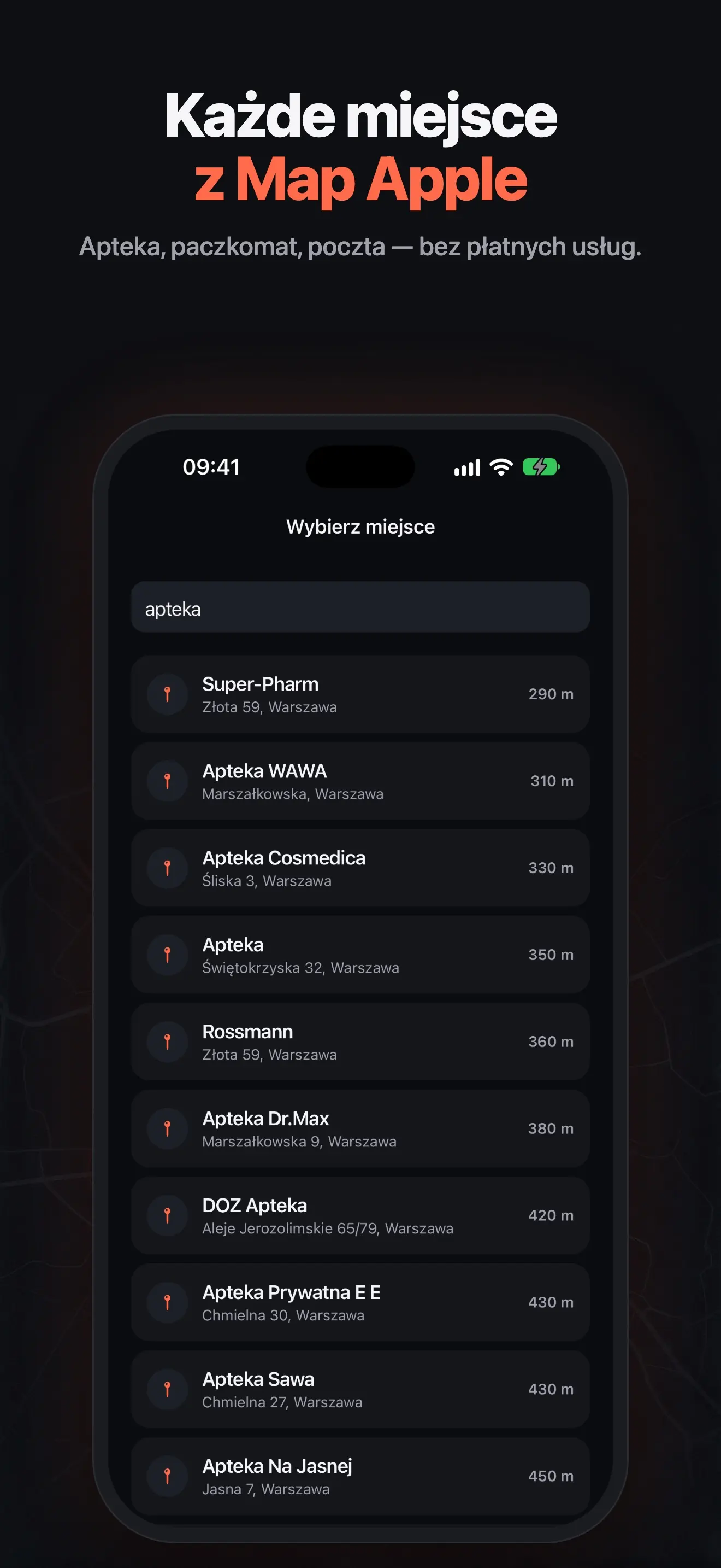Wyszukiwanie miejsc w Mapach Apple: lista aptek w pobliżu z odległościami
