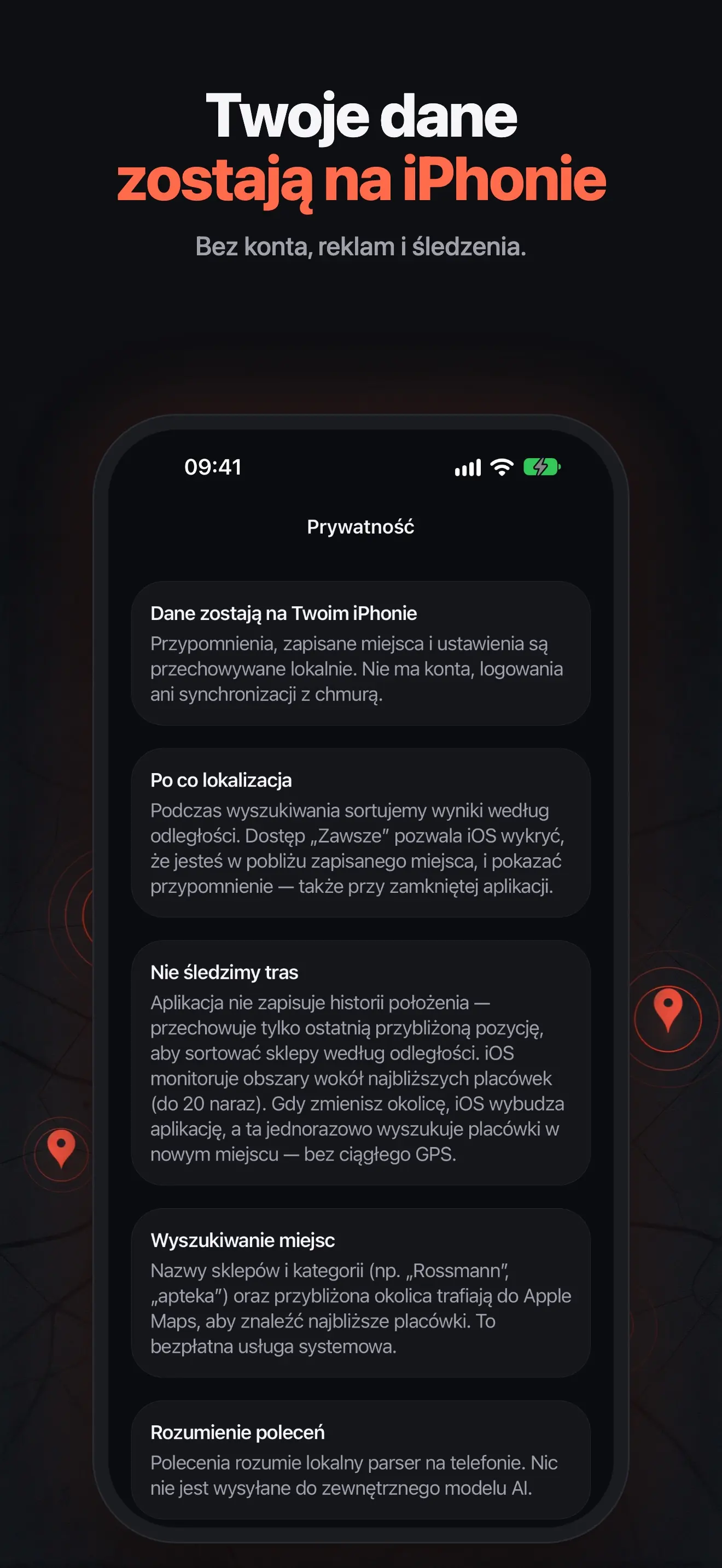 Ekran prywatności: dane zostają na iPhonie, bez konta, reklam i śledzenia tras
