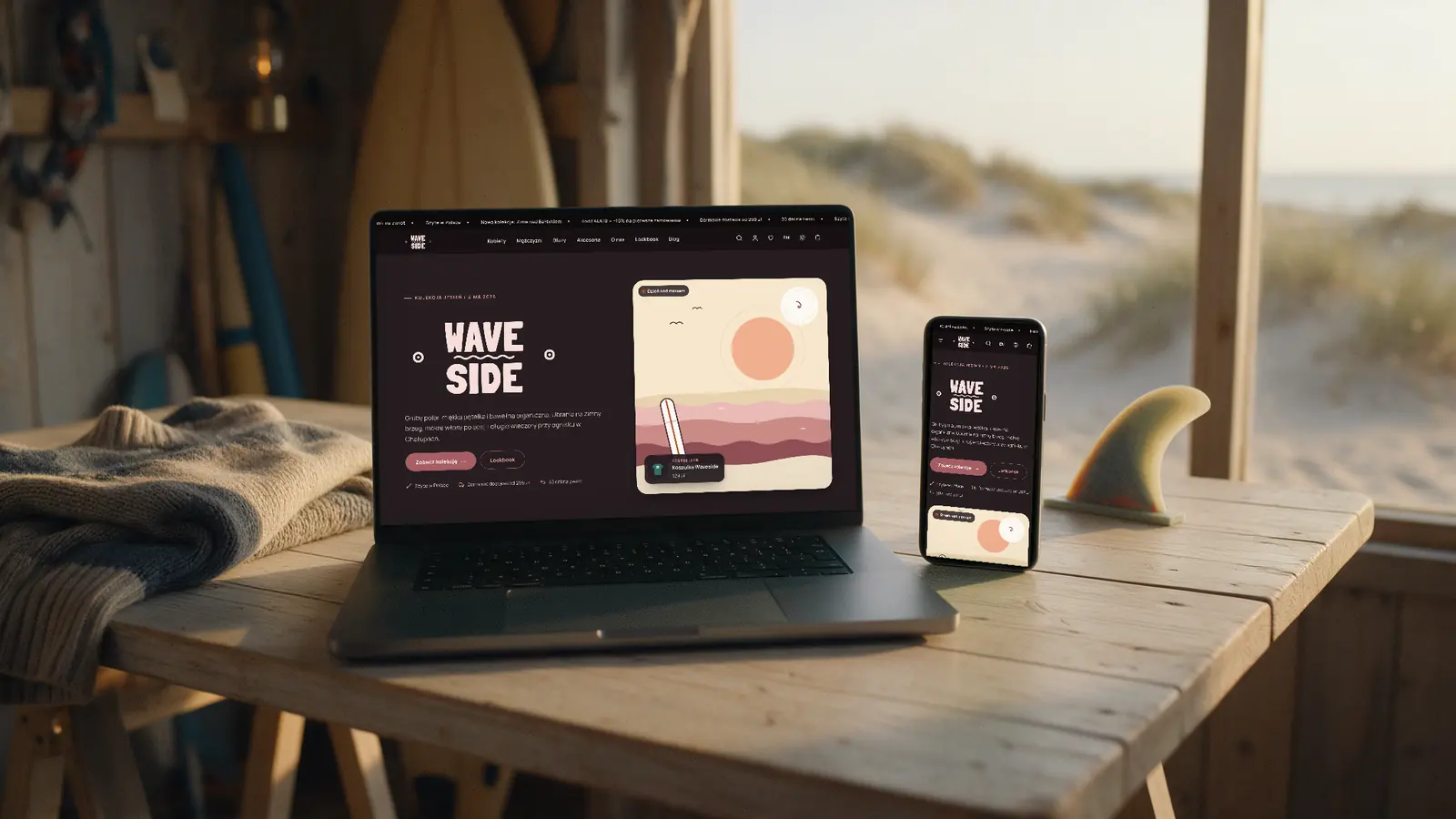 Sklep Waveside na laptopie i smartfonie: strona główna z kolekcją jesień/zima